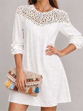 Johnny Was Cielito Modal Dress White Crochet Yoke Boho Tunic Removable Slip NWT